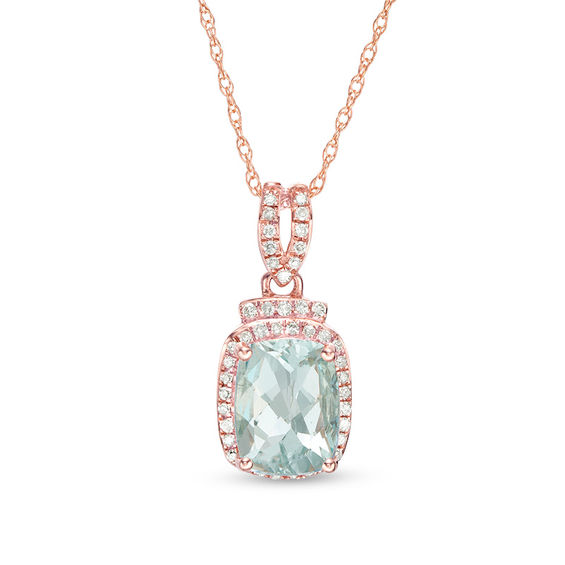 Cushion-Cut Aquamarine and 1/10 CT. T.w. Diamond Frame Doorknocker Drop Pendant in 10K Rose Gold