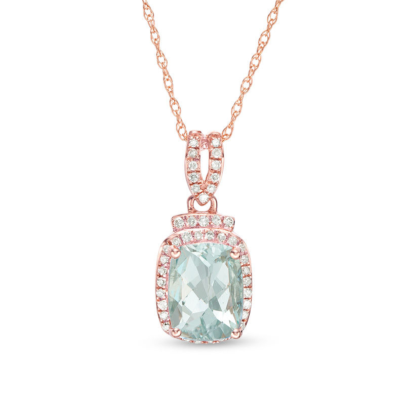 Main Image 1 of Cushion-Cut Aquamarine and 1/10 CT. T.W. Diamond Frame Doorknocker Drop Pendant in 10K Rose Gold