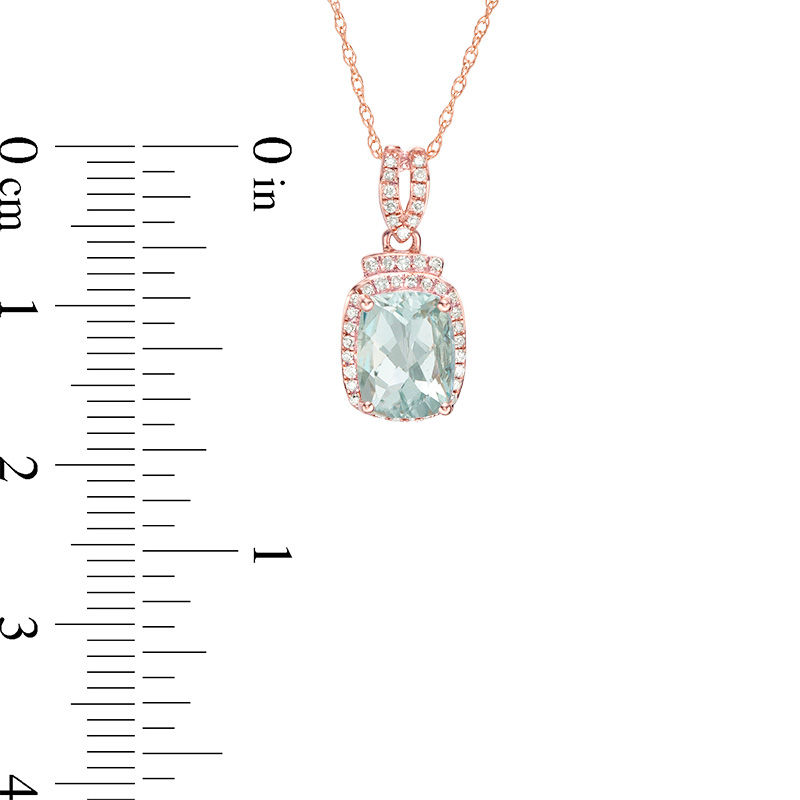 Main Image 2 of Cushion-Cut Aquamarine and 1/10 CT. T.W. Diamond Frame Doorknocker Drop Pendant in 10K Rose Gold
