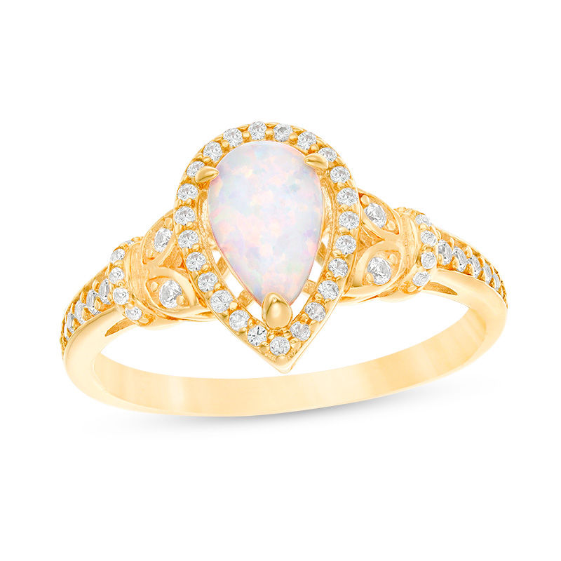 Main Image 1 of Pear-Shaped Lab-Created Opal and White Sapphire Frame Leaf Collar Ring in 10K Gold
