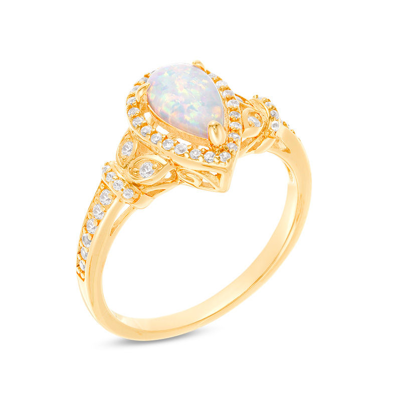 Main Image 2 of Pear-Shaped Lab-Created Opal and White Sapphire Frame Leaf Collar Ring in 10K Gold