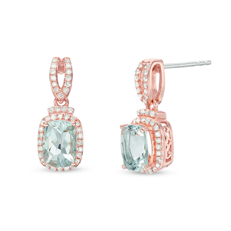 Main Image 1 of Cushion-Cut Aquamarine and 1/5 CT. T.W. Diamond Frame Doorknocker Drop Earrings in 10K Rose Gold