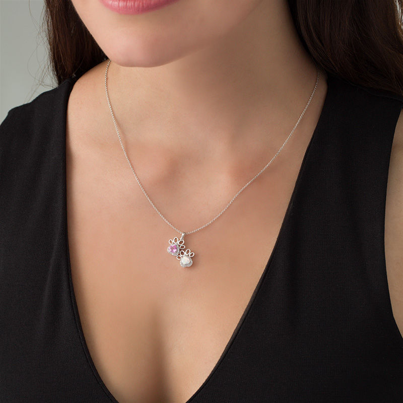 Main Image 2 of 5.0mm Heart-Shaped Lab-Created Opal, Pink and White Sapphire Double Paw Prints Pendant in Sterling Silver