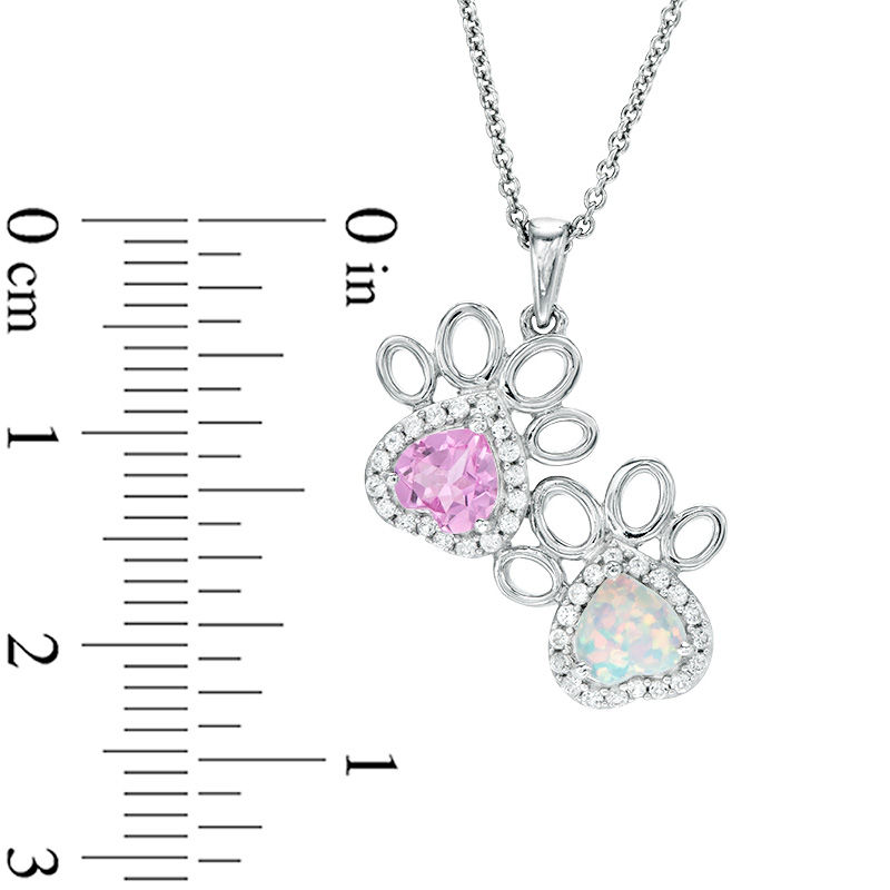 Main Image 3 of 5.0mm Heart-Shaped Lab-Created Opal, Pink and White Sapphire Double Paw Prints Pendant in Sterling Silver