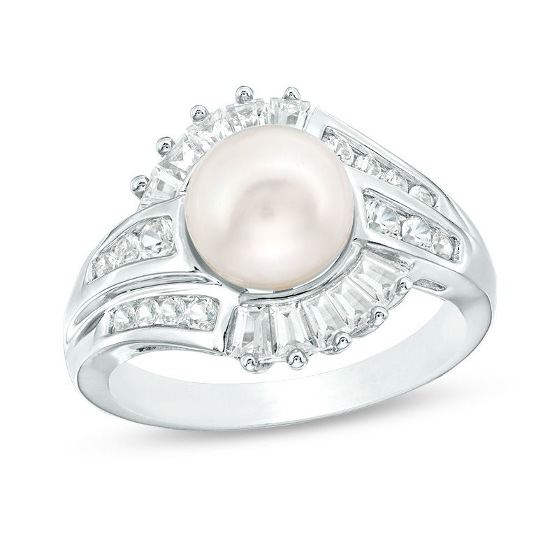 Main Image 1 of 8.0mm Button Freshwater Cultured Pearl and Lab-Created White Sapphire Double Row Bypass Ring in Sterling Silver