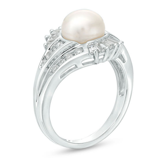 8.0mm Button Cultured Freshwater Pearl and Lab-Created White Sapphire Double Row Bypass Ring in Sterling Silver - Size 7 8.0mm Button Cultured Freshwater Pearl and Lab-Created White Sapphire Double Row Bypass Ring in Sterling Silver - Size 7