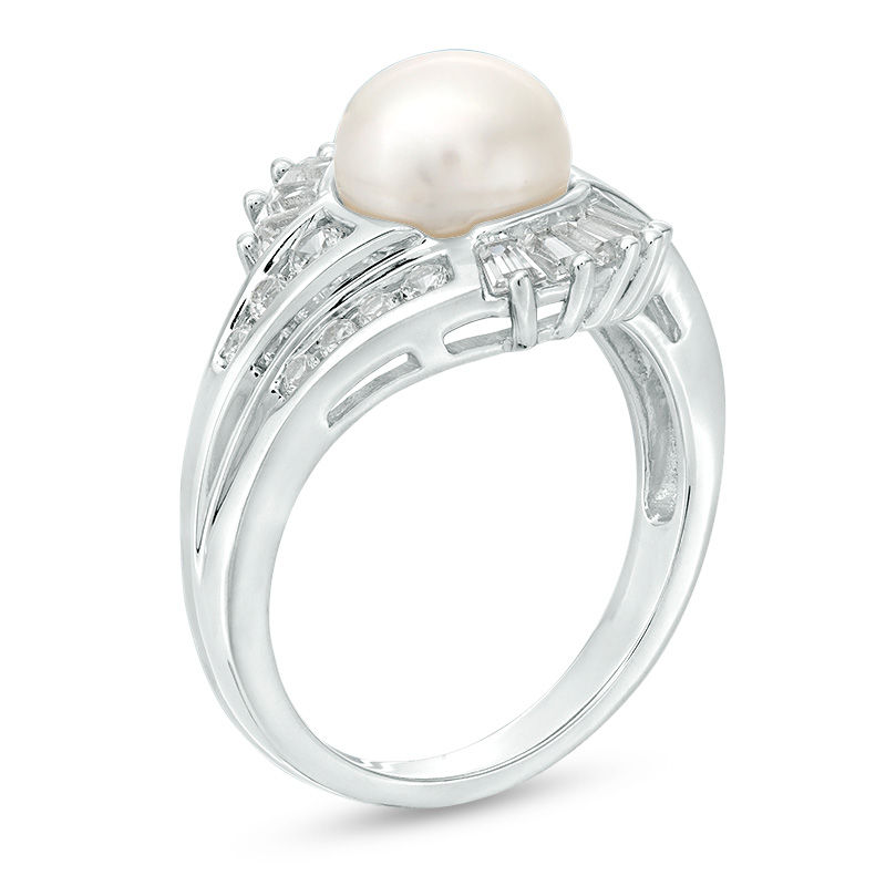 Main Image 2 of 8.0mm Button Freshwater Cultured Pearl and Lab-Created White Sapphire Double Row Bypass Ring in Sterling Silver