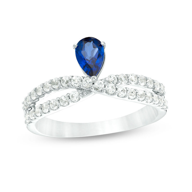 Main Image 1 of Pear-Shaped Lab-Created Blue and White Sapphire Crossover Ring in Sterling Silver