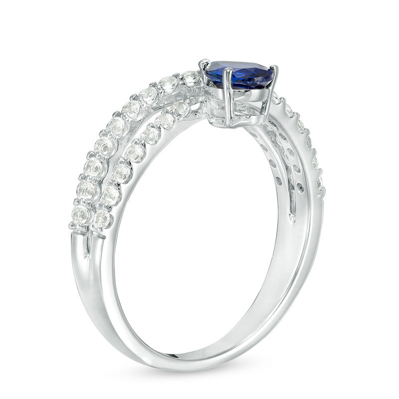 Main Image 2 of Pear-Shaped Lab-Created Blue and White Sapphire Crossover Ring in Sterling Silver