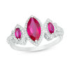 Thumbnail Image 0 of Marquise Lab-Created Ruby and White Sapphire Frame Three Stone Ring in Sterling Silver