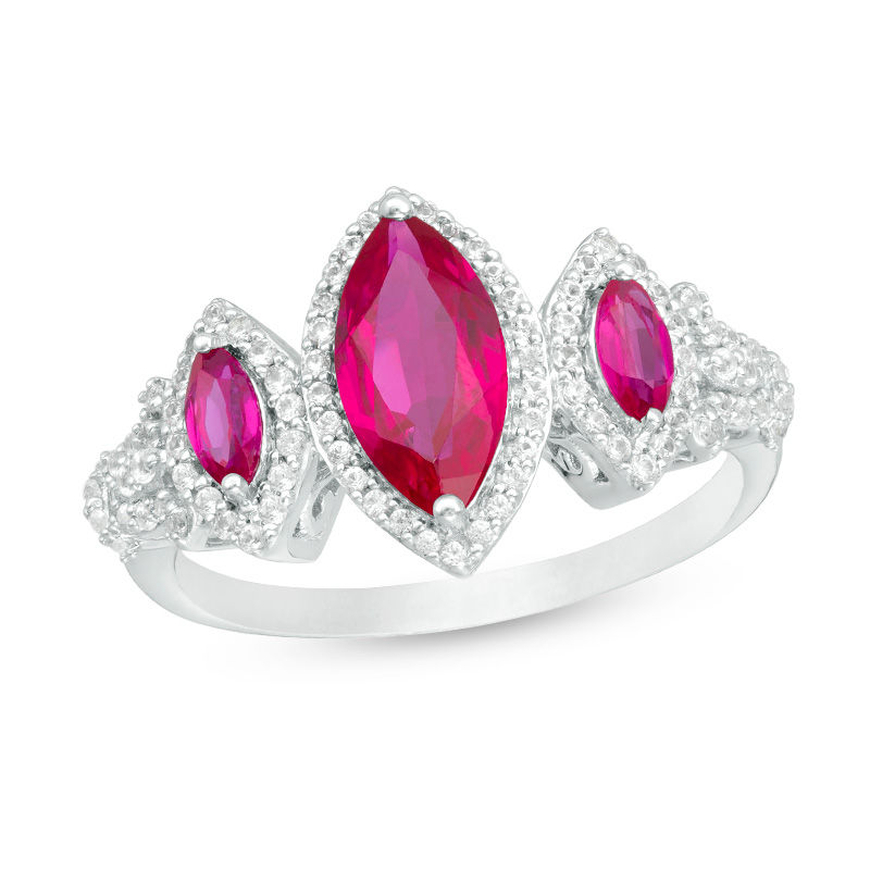 Marquise Lab-Created Ruby and White Sapphire Frame Three Stone Ring in Sterling Silver