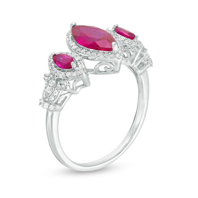 Marquise Lab-Created Ruby and White Sapphire Frame Three Stone Ring in Sterling Silver