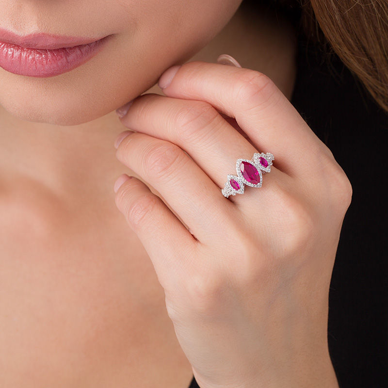 Marquise Lab-Created Ruby and White Sapphire Frame Three Stone Ring in Sterling Silver