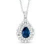 Thumbnail Image 1 of Pear-Shaped Blue Sapphire and 1/4 CT. T.W. Diamond Double Frame Teardrop Pendant in 10K White Gold