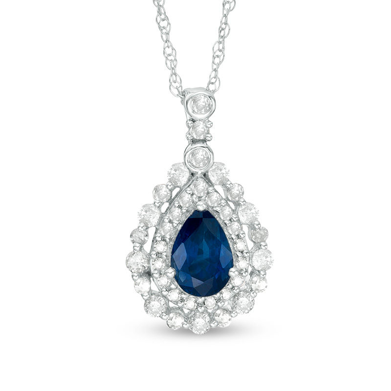 Main Image 1 of Pear-Shaped Blue Sapphire and 1/4 CT. T.W. Diamond Double Frame Teardrop Pendant in 10K White Gold