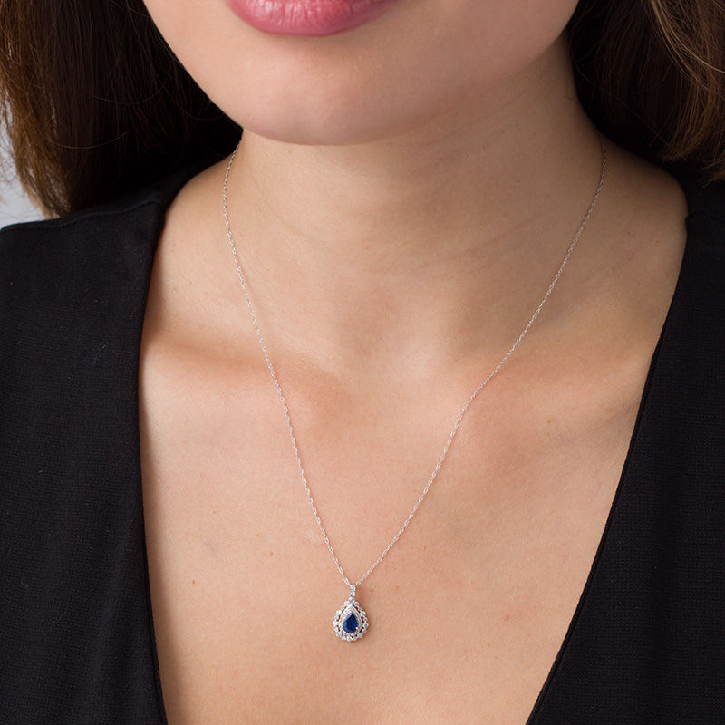 Main Image 2 of Pear-Shaped Blue Sapphire and 1/4 CT. T.W. Diamond Double Frame Teardrop Pendant in 10K White Gold