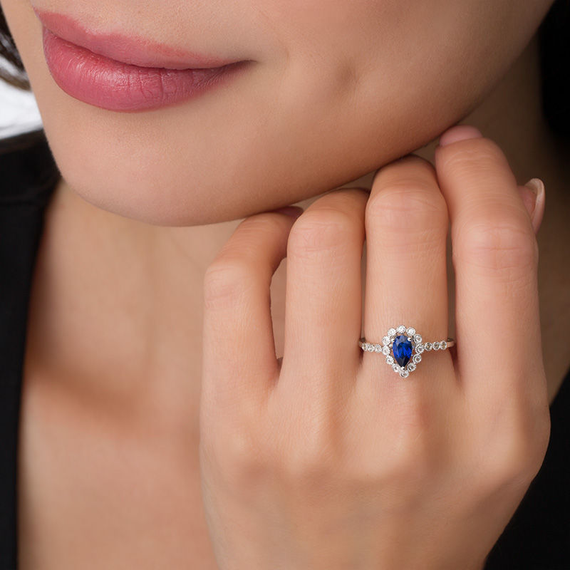 Main Image 3 of Pear-Shaped Blue Sapphire and 1/10 CT. T.W. Diamond Frame Vintage-Style Ring in 10K White Gold