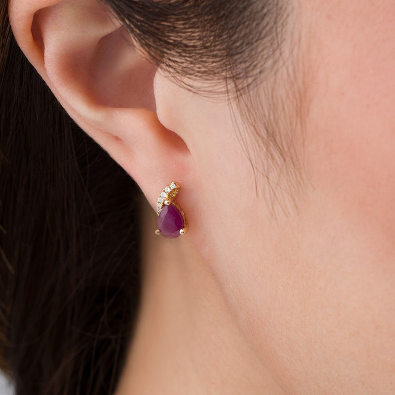 Main Image 2 of Pear-Shaped Ruby and Diamond Accent Swirl Drop Earrings in 10K Gold