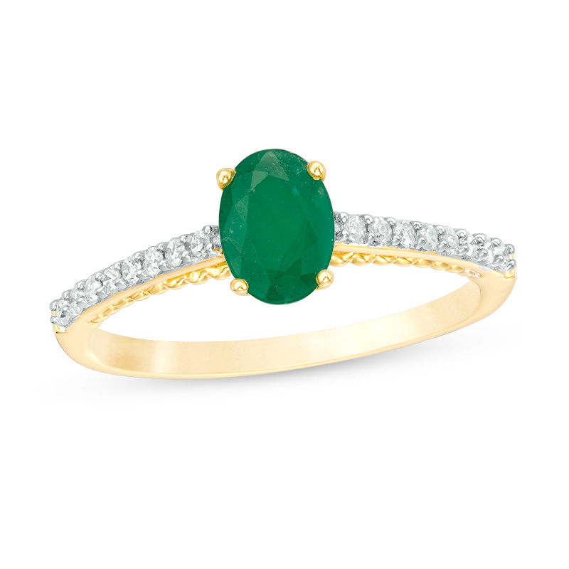 Main Image 1 of Oval Emerald and 1/6 CT. T.W. Diamond Beaded Ring in 10K Gold