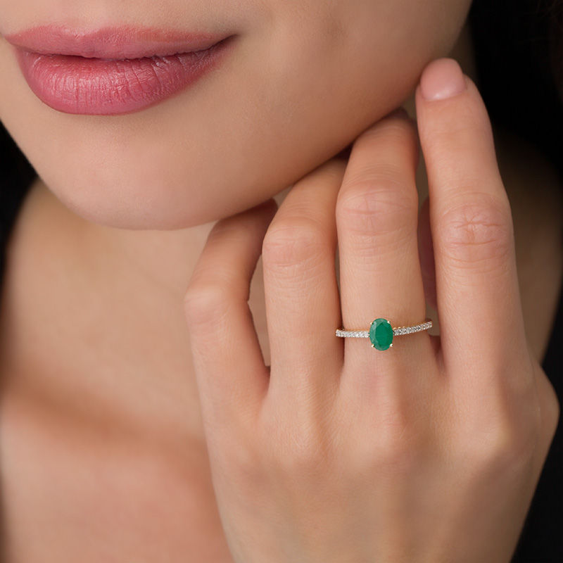 Main Image 3 of Oval Emerald and 1/6 CT. T.W. Diamond Beaded Ring in 10K Gold