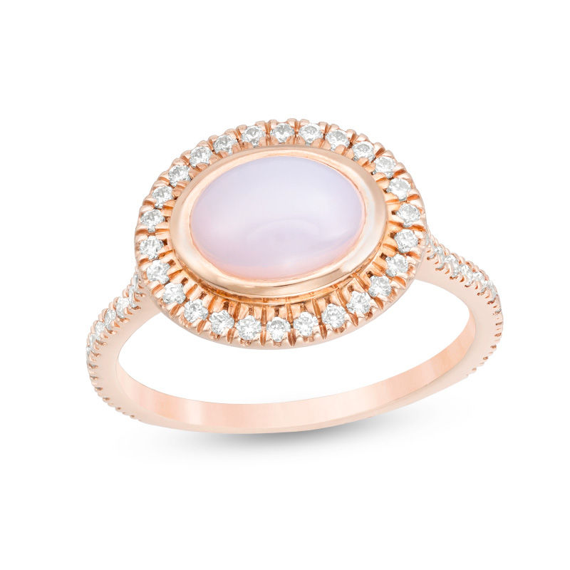 Main Image 1 of Sideways Oval Lab-Created Pink Opal and White Sapphire Frame Ring in 10K Rose Gold