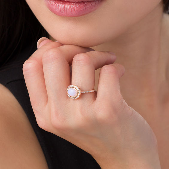Sideways Oval Lab-Created Pink Opal and White Sapphire Frame Ring in 10K Rose Gold