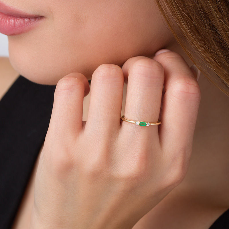Main Image 3 of Baguette Emerald and Diamond Accent Stackable Band in 10K Gold