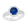 Thumbnail Image 0 of 7.0mm Lab-Created Blue and White Sapphire Octagon Frame Double Row Vintage-Style Ring in Sterling Silver