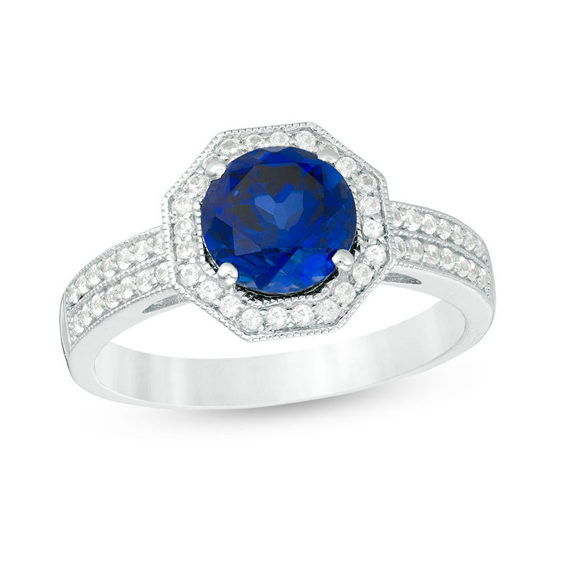 Main Image 1 of 7.0mm Lab-Created Blue and White Sapphire Octagon Frame Double Row Vintage-Style Ring in Sterling Silver