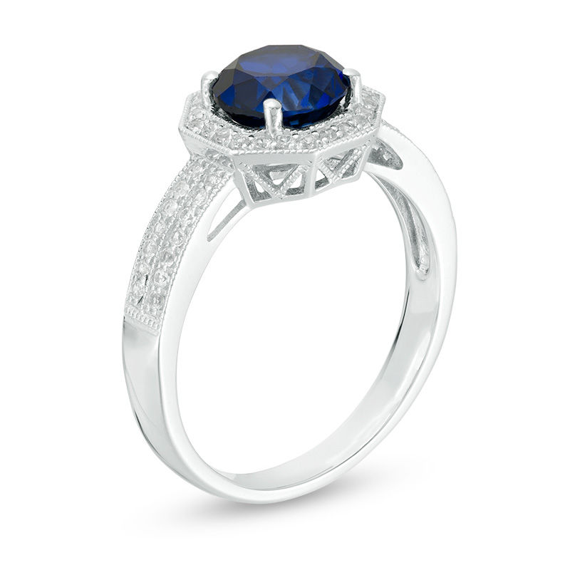 Main Image 2 of 7.0mm Lab-Created Blue and White Sapphire Octagon Frame Double Row Vintage-Style Ring in Sterling Silver