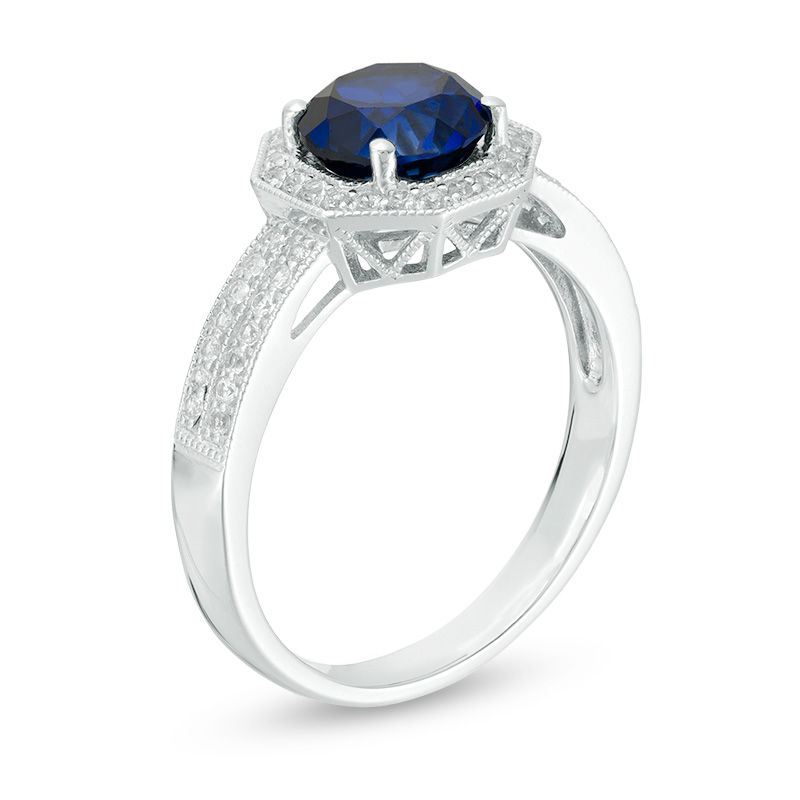 7.0mm Lab-Created Blue and White Sapphire Octagon Frame Double Row Vintage-Style Ring in Sterling Silver