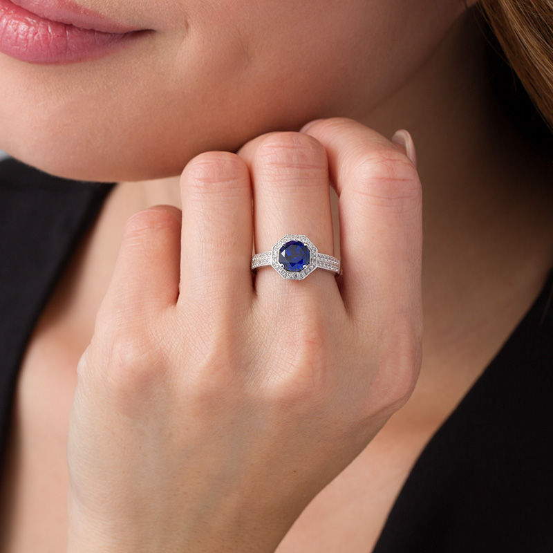 Main Image 3 of 7.0mm Lab-Created Blue and White Sapphire Octagon Frame Double Row Vintage-Style Ring in Sterling Silver
