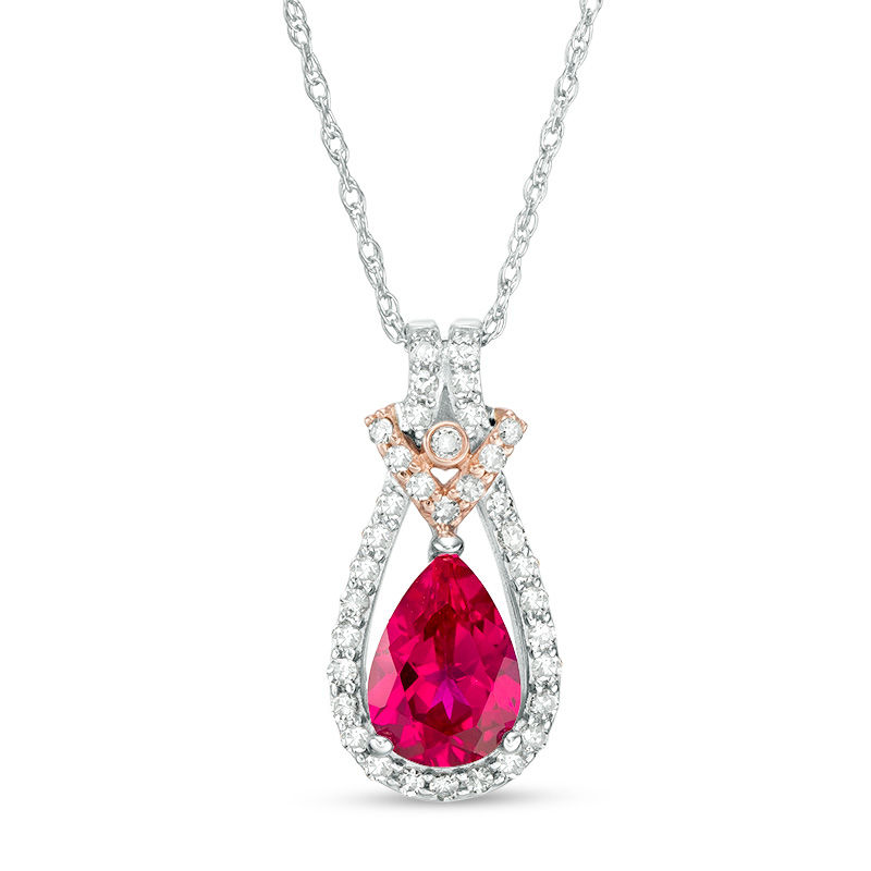Main Image 1 of Pear-Shaped Lab-Created Ruby and 1/10 CT. T.W. Diamond Teardrop Frame Vintage-Style Pendant in 10K Two-Tone Gold