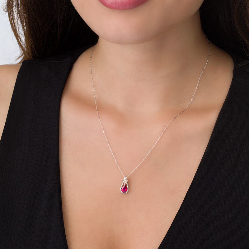 Main Image 2 of Pear-Shaped Lab-Created Ruby and 1/10 CT. T.W. Diamond Teardrop Frame Vintage-Style Pendant in 10K Two-Tone Gold