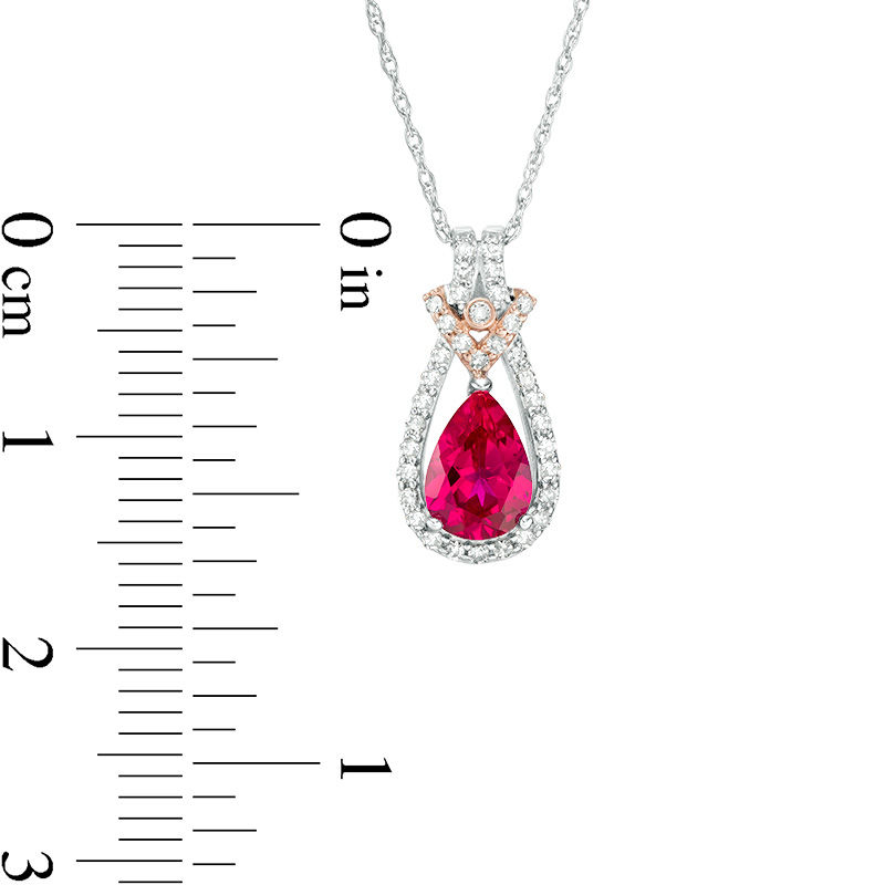 Main Image 3 of Pear-Shaped Lab-Created Ruby and 1/10 CT. T.W. Diamond Teardrop Frame Vintage-Style Pendant in 10K Two-Tone Gold