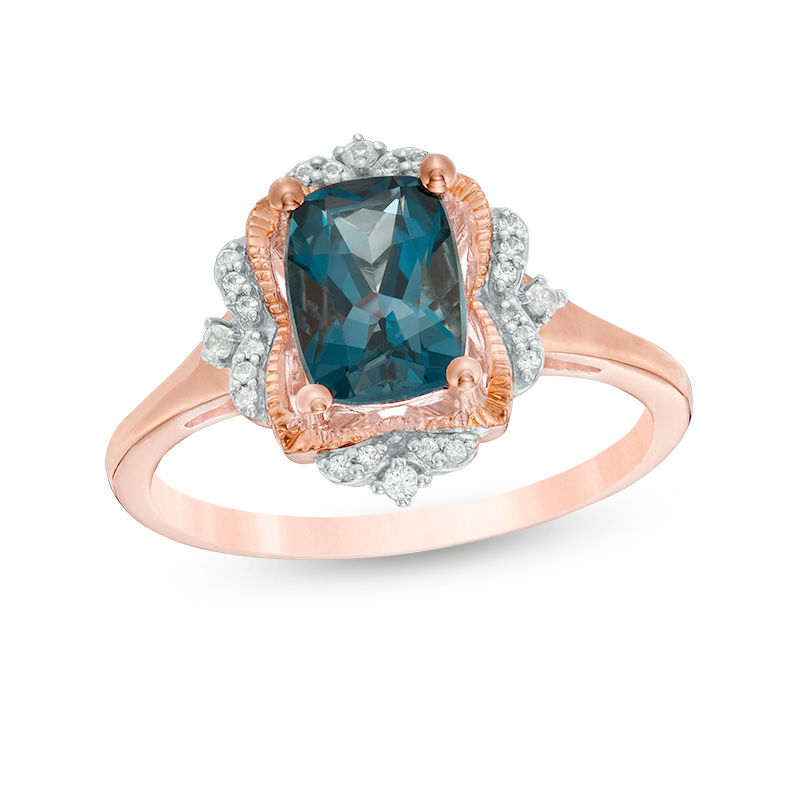 Main Image 1 of Cushion-Cut London Blue Topaz and 1/20 CT. T.W. Diamond Vintage-Style Frame Ring in 10K Rose Gold