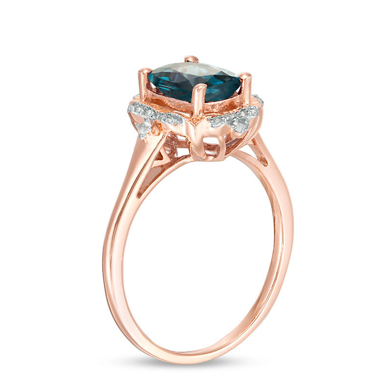 Main Image 2 of Cushion-Cut London Blue Topaz and 1/20 CT. T.W. Diamond Vintage-Style Frame Ring in 10K Rose Gold