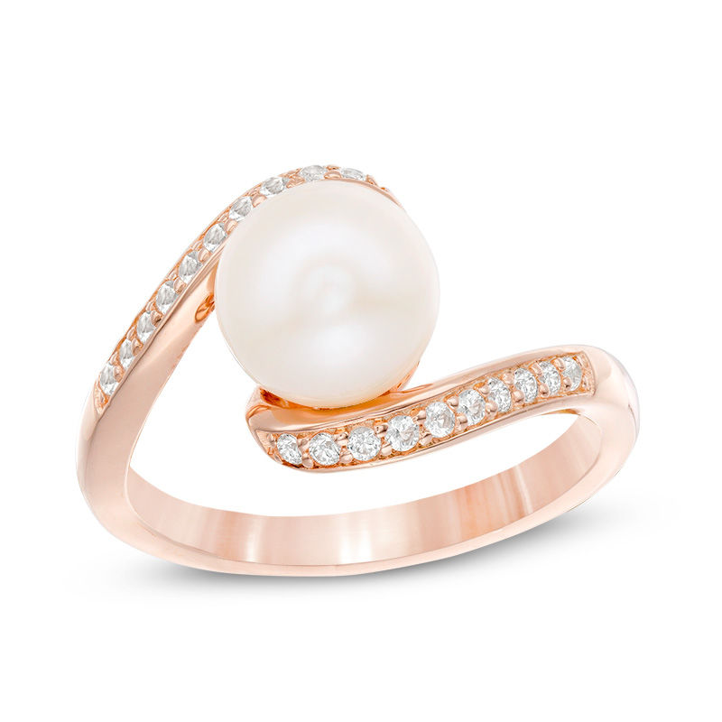 Main Image 1 of 8.0mm Freshwater Cultured Pearl and Lab-Created White Sapphire Swirl Bypass Ring in 10K Rose Gold