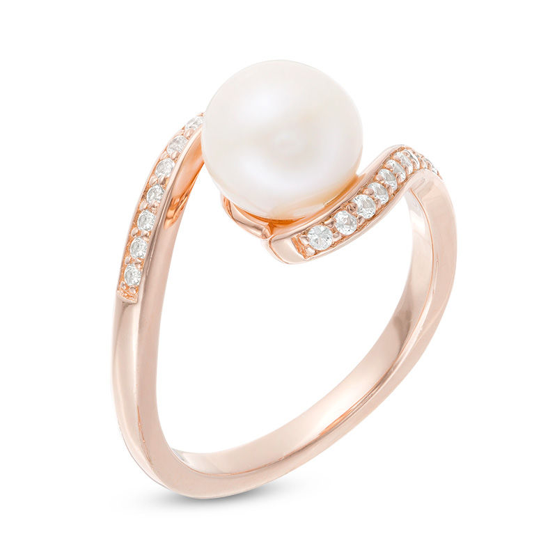 Main Image 2 of 8.0mm Freshwater Cultured Pearl and Lab-Created White Sapphire Swirl Bypass Ring in 10K Rose Gold