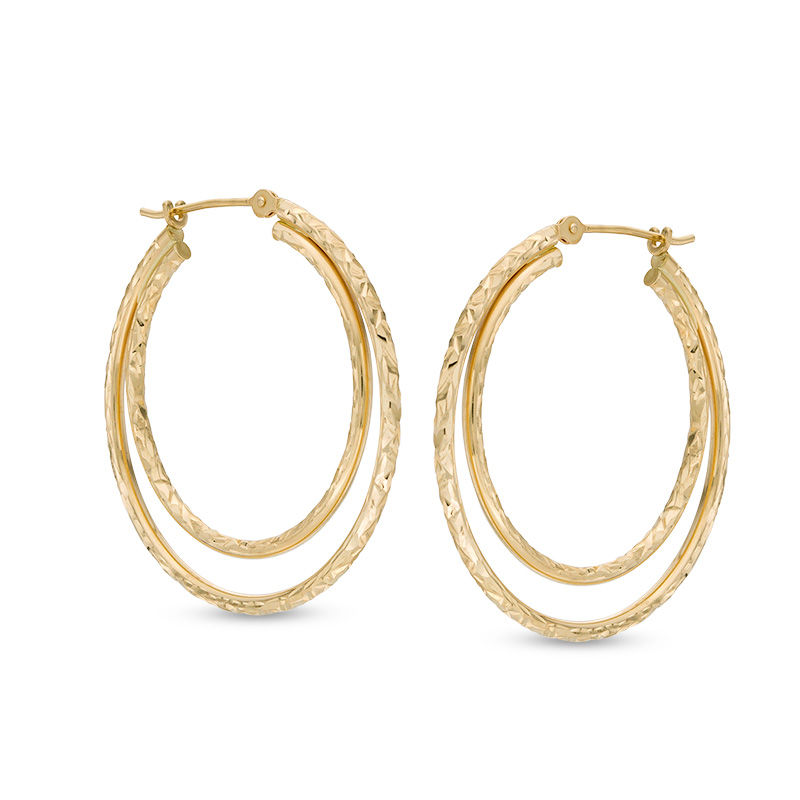 Main Image 1 of Diamond-Cut Double Hoop Earrings in 10K Gold