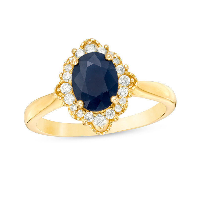 Main Image 1 of Oval Blue Sapphire and 1/5 CT. T.W. Diamond Frame Vintage-Style Ring in 10K Gold
