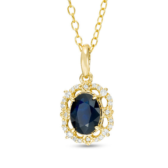 Oval Blue Sapphire and 1/6 CT. T.w. Diamond Frame Vintage-Style Pendant in 10K Gold