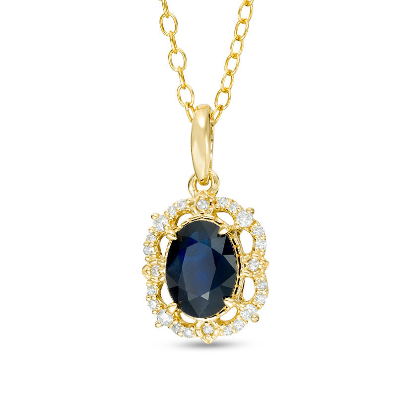 Main Image 1 of Oval Blue Sapphire and 1/6 CT. T.W. Diamond Frame Vintage-Style Pendant in 10K Gold