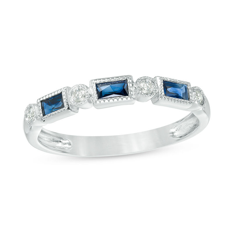 Baguette Blue Sapphire and 1/20 CT. T.W. Diamond Vintage-Style Geometric Ring in 10K White Gold