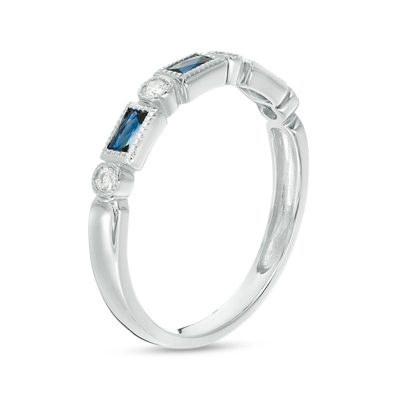 Baguette Blue Sapphire and 1/20 CT. T.W. Diamond Vintage-Style Geometric Ring in 10K White Gold