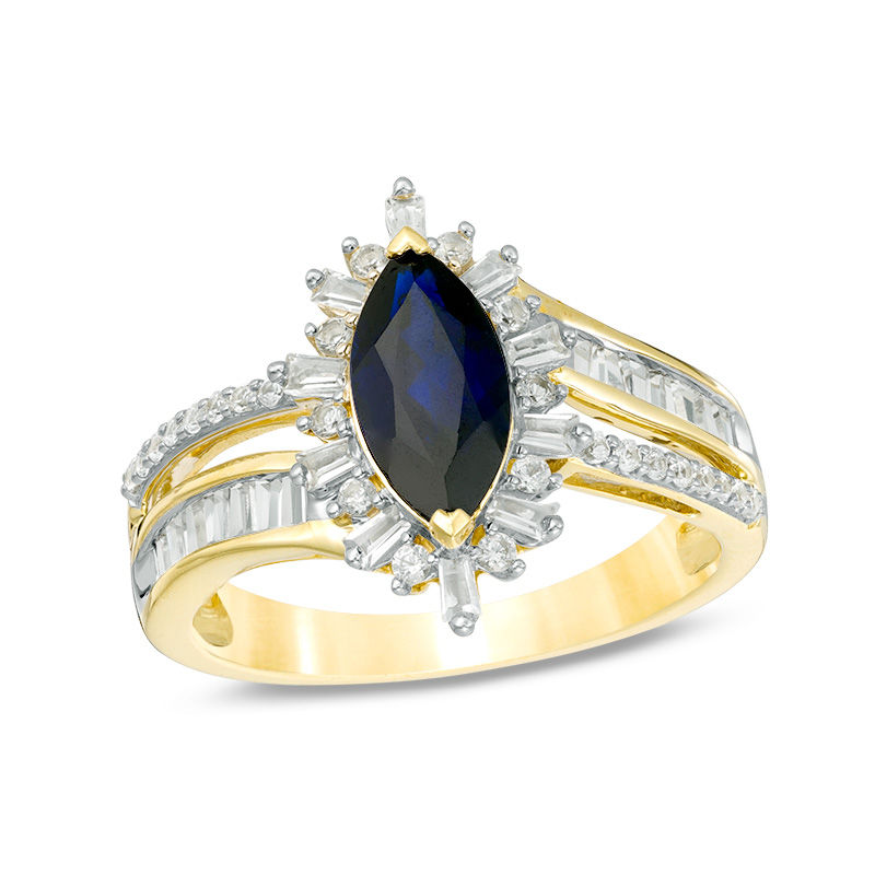 Main Image 1 of Marquise Lab-Created Blue and White Sapphire Starburst Frame Split Shank Ring in 10K Gold