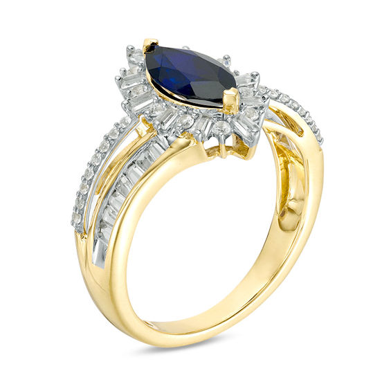 Marquise Lab-Created Blue and White Sapphire Starburst Frame Split Shank Ring in 10K Gold
