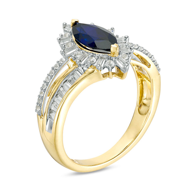Main Image 2 of Marquise Lab-Created Blue and White Sapphire Starburst Frame Split Shank Ring in 10K Gold