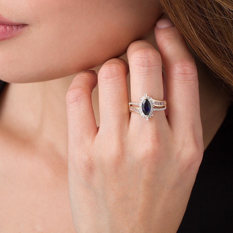 Main Image 3 of Marquise Lab-Created Blue and White Sapphire Starburst Frame Split Shank Ring in 10K Gold