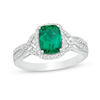 Thumbnail Image 0 of Cushion-Cut Lab-Created Emerald and White Sapphire Frame Braided Shank Ring in Sterling Silver